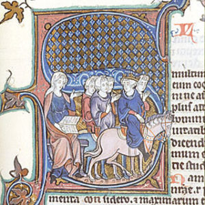 full colour image from an old book, large drop cap letter S with an image of women (with a crown, a horse, and a book).
